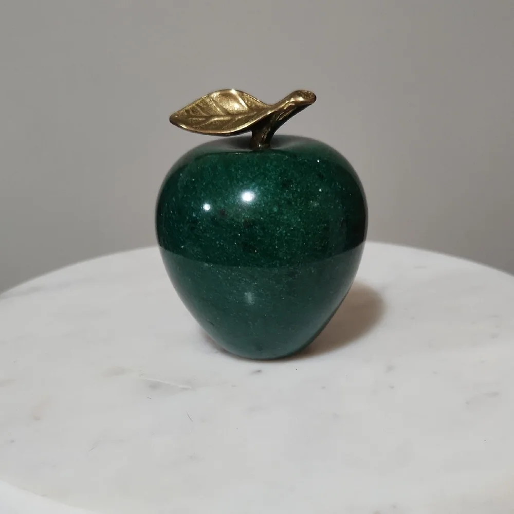 Green Marble Apple Sculpture Paperweight with Golden Brass Leaf